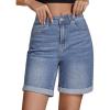 imageluvamia Jean Shorts for Women High Waisted Trendy Causal Summer Fold Hem Stretchy Long Denim Shorts 7 Inch InseamBay Blue