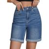 imageluvamia Jean Shorts for Women High Waisted Trendy Causal Summer Fold Hem Stretchy Long Denim Shorts 7 Inch InseamMedium Blue