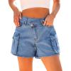 imageluvamia Jean Shorts for Women Trendy High Waisted Stretchy Denim Cargo Shorts Cross Over Waist Summer Country ConcertCool Blue