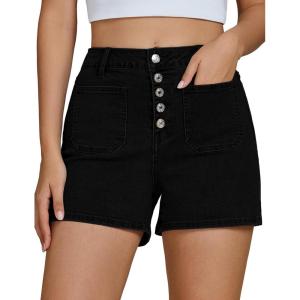 imageluvamia Jean Shorts Womens High Waisted Trendy Button Fly Patch Pocket Side Split Casual Summer Stretchy Denim ShortsBlack