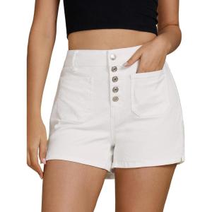 imageluvamia Jean Shorts Womens High Waisted Trendy Button Fly Patch Pocket Side Split Casual Summer Stretchy Denim ShortsCream White