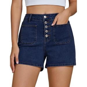 imageluvamia Jean Shorts Womens High Waisted Trendy Button Fly Patch Pocket Side Split Casual Summer Stretchy Denim ShortsDarkness Blue