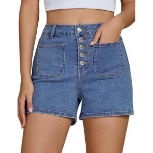 imageluvamia Jean Shorts Womens High Waisted Trendy Button Fly Patch Pocket Side Split Casual Summer Stretchy Denim ShortsLakeside Blue