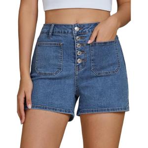 imageluvamia Jean Shorts Womens High Waisted Trendy Button Fly Patch Pocket Side Split Casual Summer Stretchy Denim ShortsMedium Blue