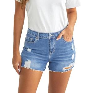 imageluvamia Jean Shorts for Women High Waisted Distressed Stretchy Denim Shorts Ripped Raw Hem Summer Casual Cut Off ShortsClassic Blue