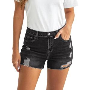 imageluvamia Jean Shorts for Women High Waisted Distressed Stretchy Denim Shorts Ripped Raw Hem Summer Casual Cut Off ShortsWashed Black