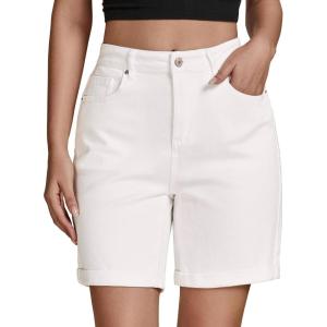 imageluvamia Jean Shorts for Women High Waisted Trendy Causal Summer Fold Hem Stretchy Long Denim Shorts 7 Inch InseamCream White