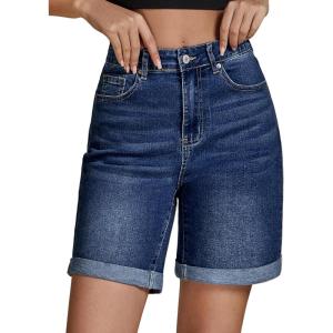 imageluvamia Jean Shorts for Women High Waisted Trendy Causal Summer Fold Hem Stretchy Long Denim Shorts 7 Inch InseamDark Blue