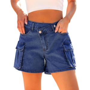 imageluvamia Jean Shorts for Women Trendy High Waisted Stretchy Denim Cargo Shorts Cross Over Waist Summer Country ConcertClassic Blue