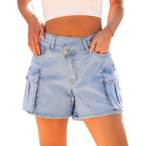 imageluvamia Jean Shorts for Women Trendy High Waisted Stretchy Denim Cargo Shorts Cross Over Waist Summer Country ConcertPowder Blue