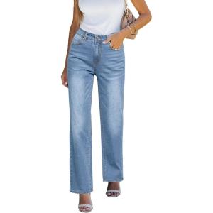 imageluvamia High Waisted Jeans for Women Trendy Baggy Straight Leg Stretchy Denim Jeans Work Trousers Pants 90s Loose FitIcy Blue