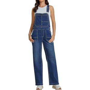 imageluvamia Jean Overalls for Women Straight Leg Baggy Stretchy Denim Bib Adjustable Strap Casual Overall Jumpsuit Loose FitClassic Blue