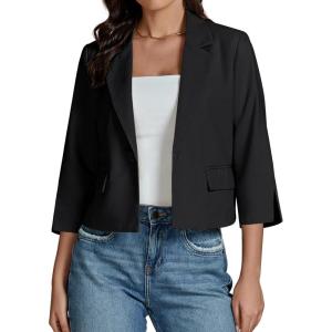 imageluvamia Linen Blazers for Women Business Casual Cropped 34 Sleeve Lightweight Lined Work Office Suit Blazer JacketsBlack