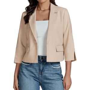 imageluvamia Linen Blazers for Women Business Casual Cropped 34 Sleeve Lightweight Lined Work Office Suit Blazer JacketsIvory Pearl