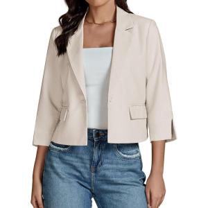 imageluvamia Linen Blazers for Women Business Casual Cropped 34 Sleeve Lightweight Lined Work Office Suit Blazer JacketsNatural