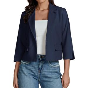 imageluvamia Linen Blazers for Women Business Casual Cropped 34 Sleeve Lightweight Lined Work Office Suit Blazer JacketsNavy Blue