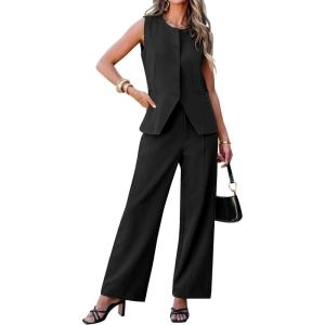 imageluvamia Vest Pants Suits for Women Dressy 2 Piece Business Casual Outfits Sleeveless Blazer Wide Leg Pants Pantsuit SetsBlack