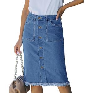 imageluvamia Womens Casual Mid Rise Button Down Frayed Raw Hem Denim Jean Midi SkirtMedium Blue