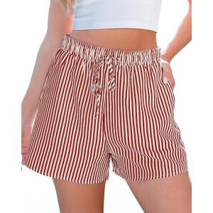 imageluvamia Striped Shorts for Women High Waisted Beach Casual Drawstring Pull On Elastic Waist Summer Shorts with PocketsRed Stripe