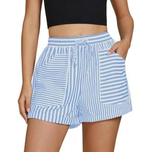 imageluvamia Striped Shorts for Women High Waisted Trendy Casual Pull On Drawstring Elastic Waist Beach Shorts with PocketsBlue Stripe