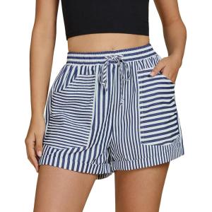 imageluvamia Striped Shorts for Women High Waisted Trendy Casual Pull On Drawstring Elastic Waist Beach Shorts with PocketsNavy Stripe