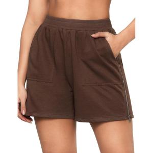 imageluvamia Sweat Shorts for Women High Waisted Pull On Side Zip Casual Lounge Cotton Summer Athleisure Shorts with PocketsChocolate Brown