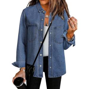 imageluvamia Denim Jackets for Women Trendy Long Sleeve Oversized Jean Jacket Casual Button Down Western Flat Pocket ShacketMedium Blue