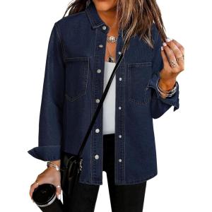 imageluvamia Denim Jackets for Women Trendy Long Sleeve Oversized Jean Jacket Casual Button Down Western Flat Pocket ShacketNightfall Blue