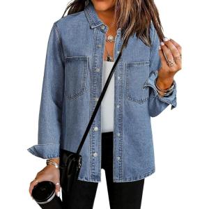 imageluvamia Denim Jackets for Women Trendy Long Sleeve Oversized Jean Jacket Casual Button Down Western Flat Pocket ShacketRoadknight Blue