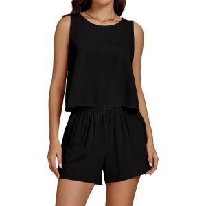 imageluvamia Linen Short Sets for Women Two Piece Matching Casual Sleeveless Tank Top and High Waisted Shorts Summer OutfitsBlack