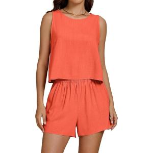 imageluvamia Linen Short Sets for Women Two Piece Matching Casual Sleeveless Tank Top and High Waisted Shorts Summer OutfitsCamellia
