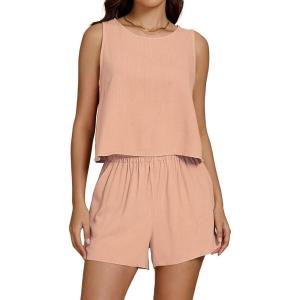 imageluvamia Linen Short Sets for Women Two Piece Matching Casual Sleeveless Tank Top and High Waisted Shorts Summer OutfitsCameo Rose