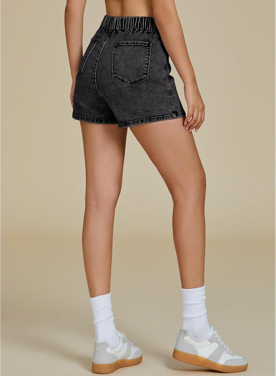 imageluvamia Jean Skorts for Woman High Waisted Pull On Trendy Casual Stretch Denim Skirt with Shorts Asymmetrical Wrap SkortVintage Black