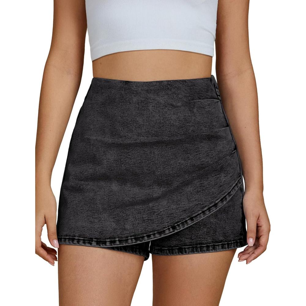 imageluvamia Jean Skorts for Woman High Waisted Pull On Trendy Casual Stretch Denim Skirt with Shorts Asymmetrical Wrap SkortVintage Black