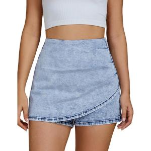 imageluvamia Jean Skorts for Woman High Waisted Pull On Trendy Casual Stretch Denim Skirt with Shorts Asymmetrical Wrap SkortBay Blue