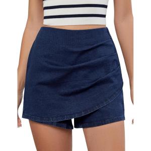 imageluvamia Jean Skorts for Woman High Waisted Pull On Trendy Casual Stretch Denim Skirt with Shorts Asymmetrical Wrap SkortDarkness Blue