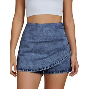 imageluvamia Jean Skorts for Woman High Waisted Pull On Trendy Casual Stretch Denim Skirt with Shorts Asymmetrical Wrap SkortReef Blue