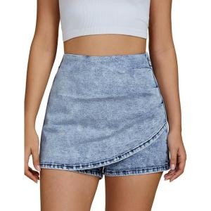 imageluvamia Jean Skorts for Woman High Waisted Pull On Trendy Casual Stretch Denim Skirt with Shorts Asymmetrical Wrap SkortThousand Oceans Blue