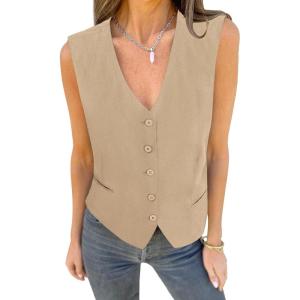 imageluvamia Womens Vests Linen Fashion Dressy Casual Lightweight Button Down Sleeveless Blazer Lined Work Waistcoat Vest TopBeige