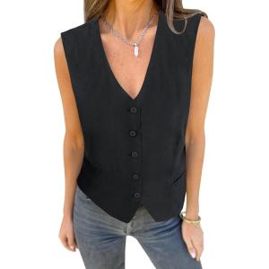 imageluvamia Womens Vests Linen Fashion Dressy Casual Lightweight Button Down Sleeveless Blazer Lined Work Waistcoat Vest TopBlack