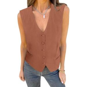 imageluvamia Womens Vests Linen Fashion Dressy Casual Lightweight Button Down Sleeveless Blazer Lined Work Waistcoat Vest TopBrown Patina