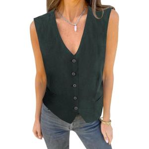 imageluvamia Womens Vests Linen Fashion Dressy Casual Lightweight Button Down Sleeveless Blazer Lined Work Waistcoat Vest TopDark Grey