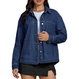 imageluvamia Denim Jackets for Women Trendy Oversized Long Sleeve Button Down Jean Jacket Casual Shacket with Patch PocketsClassic Blue