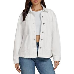 imageluvamia Denim Jackets for Women Trendy Oversized Long Sleeve Button Down Jean Jacket Casual Shacket with Patch PocketsCream White
