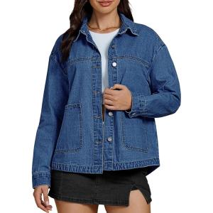 imageluvamia Denim Jackets for Women Trendy Oversized Long Sleeve Button Down Jean Jacket Casual Shacket with Patch PocketsMedium Blue