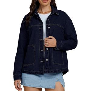 imageluvamia Denim Jackets for Women Trendy Oversized Long Sleeve Button Down Jean Jacket Casual Shacket with Patch PocketsNightfall Blue