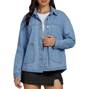 imageluvamia Denim Jackets for Women Trendy Oversized Long Sleeve Button Down Jean Jacket Casual Shacket with Patch PocketsRoadknight Blue