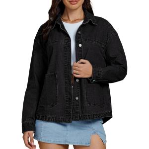 imageluvamia Denim Jackets for Women Trendy Oversized Long Sleeve Button Down Jean Jacket Casual Shacket with Patch PocketsWashed Black