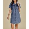 imageluvamia Denim Dresses for Women Distressed Summer Short Sleeve Button Down Collared Raw Hem Jean Shirt Dress with PocketBay Blue