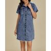 imageluvamia Denim Dresses for Women Distressed Summer Short Sleeve Button Down Collared Raw Hem Jean Shirt Dress with PocketBay Blue